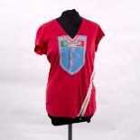 A Dolce and Gabbana dark pink Italia football V-neck t-shirt with zip running from top of shoulder