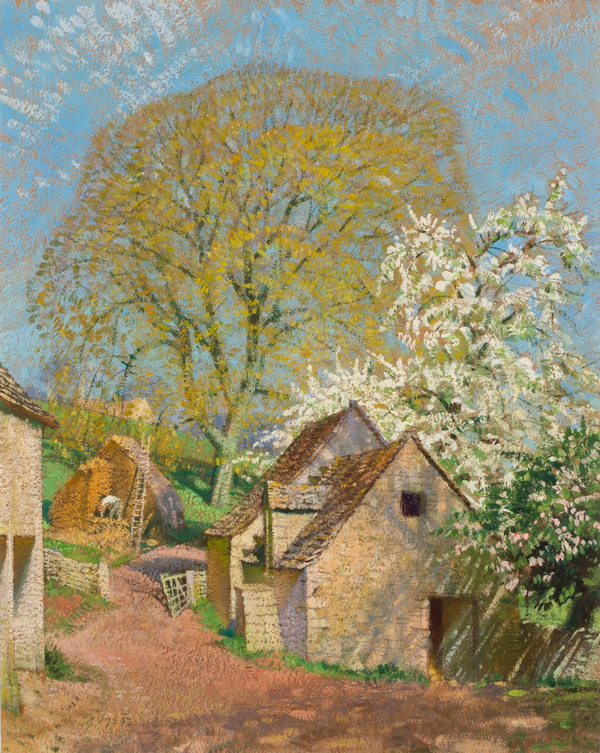 Gerald Gardiner (1902-1959)/Cotswold Farm in Spring/initialled and dated lower left GG 1955/pastel,