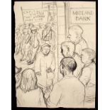 Leslie Duxbury (1921-2001)/Street Protest Outside the Midland Bank/black crayon sketch,