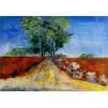 20th Century/Landscape with Field and Tree-lined Road/watercolour, 55cm x 80cm,