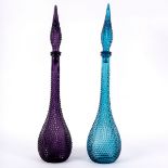 Two decorative hobnail glass bottles and stoppers, in amethyst and turquoise glass, 56cm high,