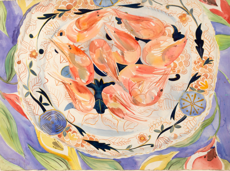 Jenny Devereux (born 1945)/Shrimps on a Patterned Plate/watercolour,