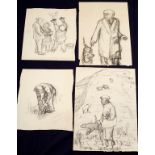 Leslie Duxbury (1921-2001)/Lancashire Characters/four black crayon sketches, various sizes,