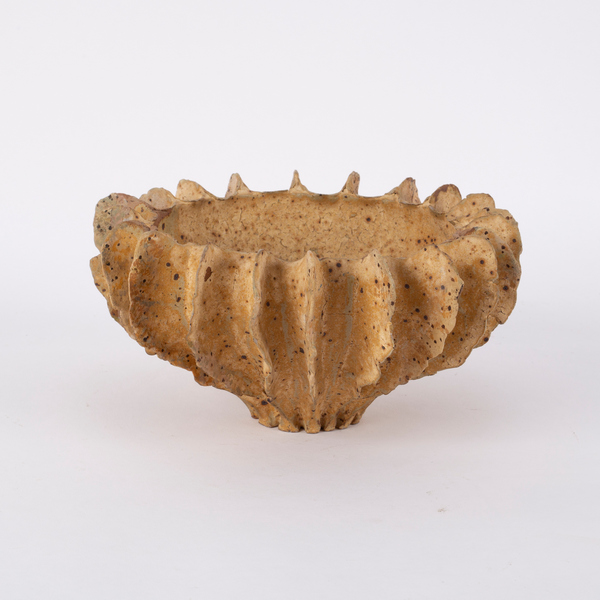 Ursula Morley Price (born 1936), Ruffle Vessel, stoneware with mottled matt ochre glaze,