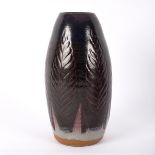 A Studio Pottery conical vase with incised leaf decoration, 21cm high,