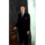 Paul Benney (born 1959)/Portrait of Simon Hornby/standing wearing a black suit and blue tie/signed