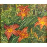 Francis Hewlett (British 1930-2012)/Day Lilies/inscribed verso/oil on canvas, 24.5cm x 29.