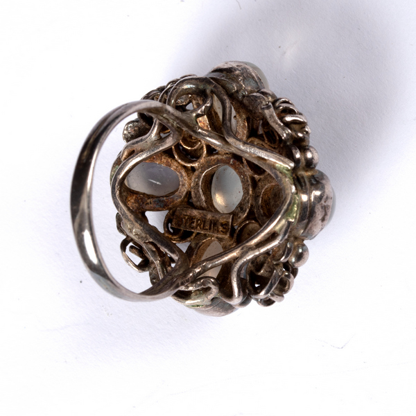 Style of George Jensen, a silver and moonstone ring, set with five cabochon stones, - Image 3 of 3