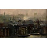 Nancy Bastin (20th Century)/Thameside Wharfs/signed; inscribed on back of frame/oil on panel,