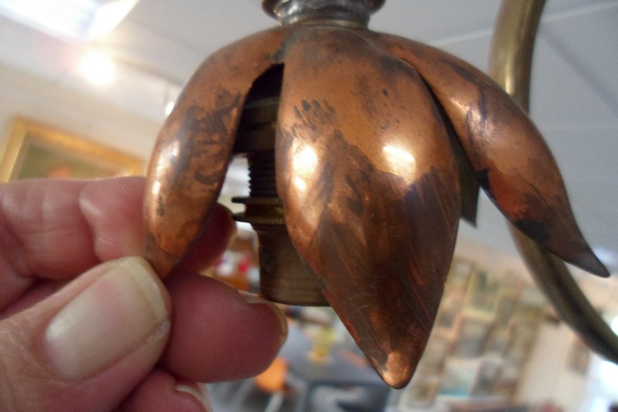 An Art Nouveau style brass pendant light, of foliate design with copper coloured petal shades, - Image 2 of 10