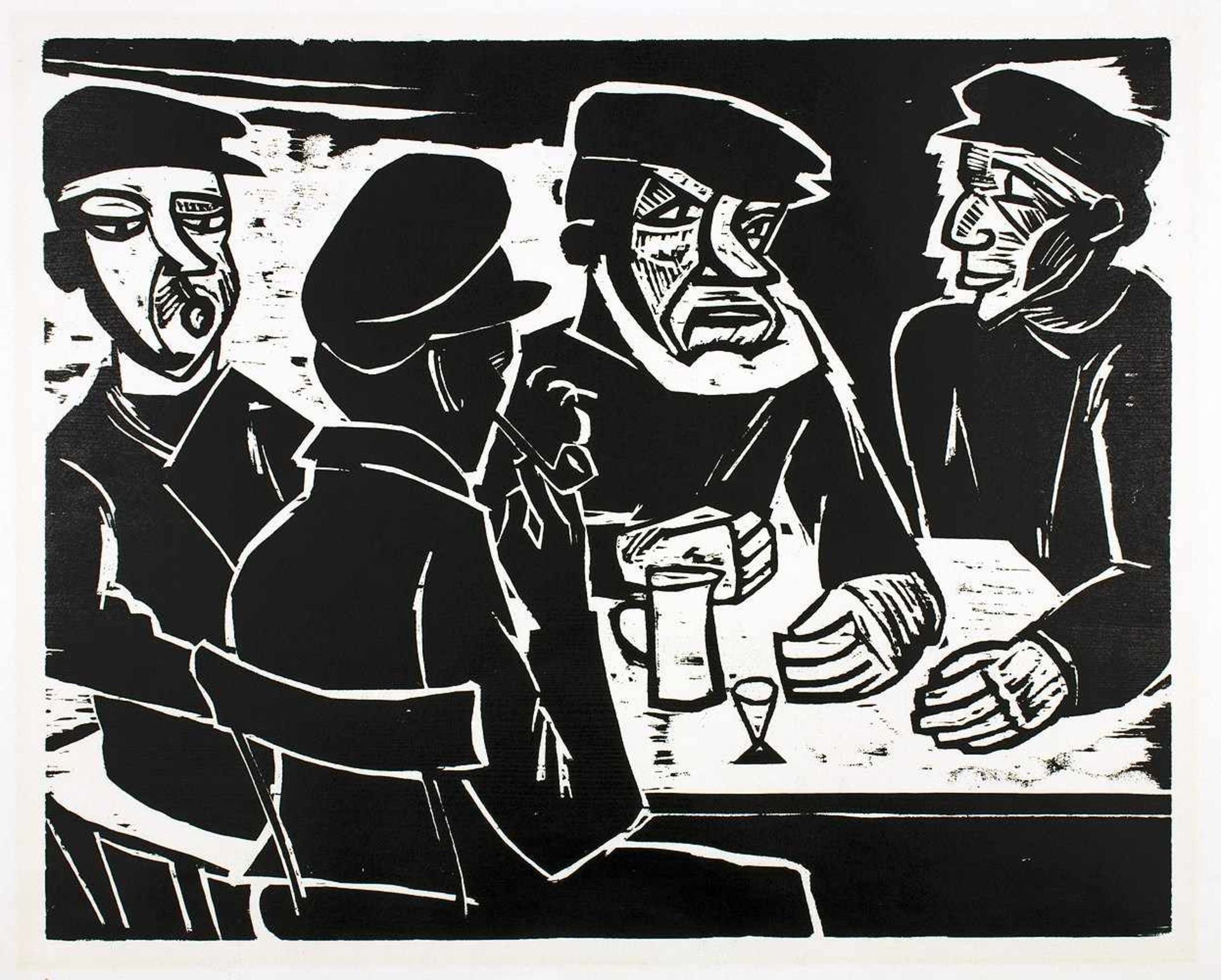 Max Pechstein. Fischer in der Kneipe. Holzschnitt. 1922/1961. 39,5 : 49,5 cm (49,5 : 62,5 cm).