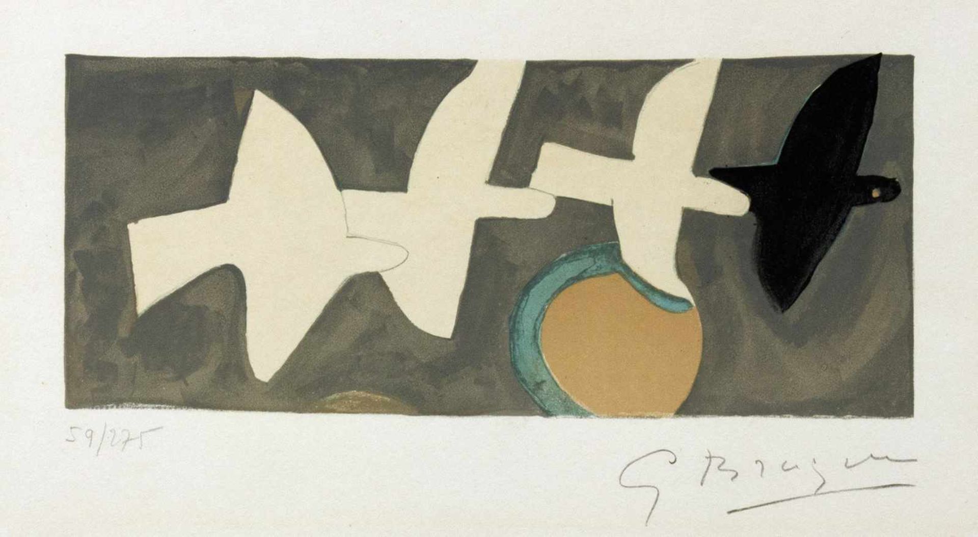 Georges Braque. Quatre oiseaux. Farblithographie nach einem Gemälde. 1959. 9,5 : 22,5 cm (32,3 :