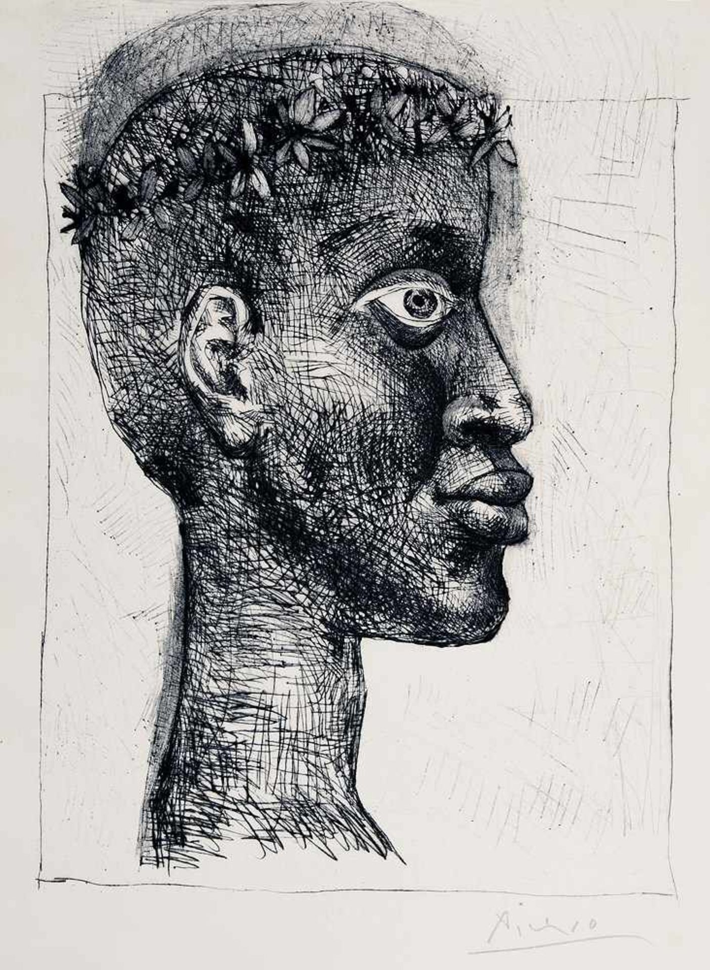 Pablo Picasso. Nègre, nègre, nègre ... Portrait d`Aimé Césaire. Kaltnadelradierung. 1949. 39,5 :