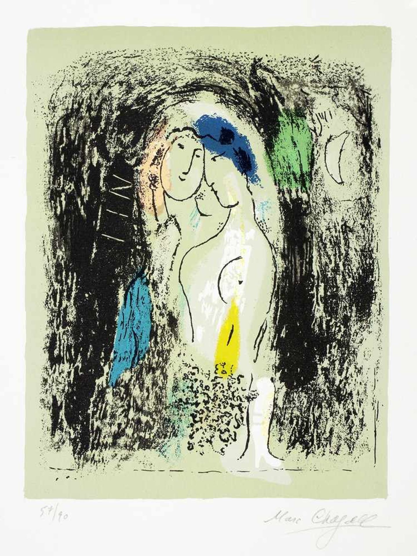 Marc Chagall. Les amoureux en gris. Farblithographie. 1957. 21,8 : 28,3 cm (41,3 : 32,0 cm).