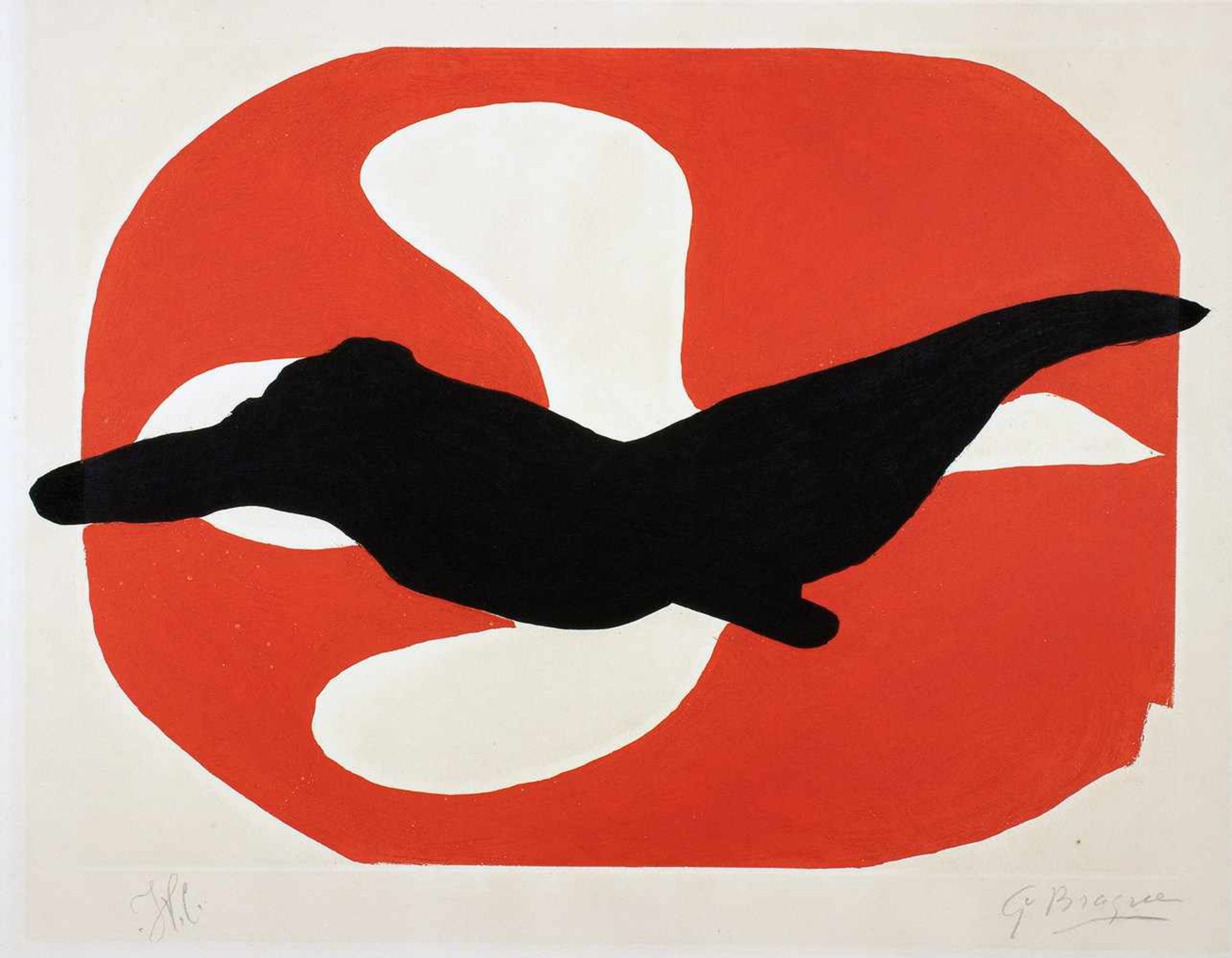 Georges Braque. Oiseau noir sur fond rouge. (aus: Lordre des oiseaux). Dreifarbige Radierung. 1962.