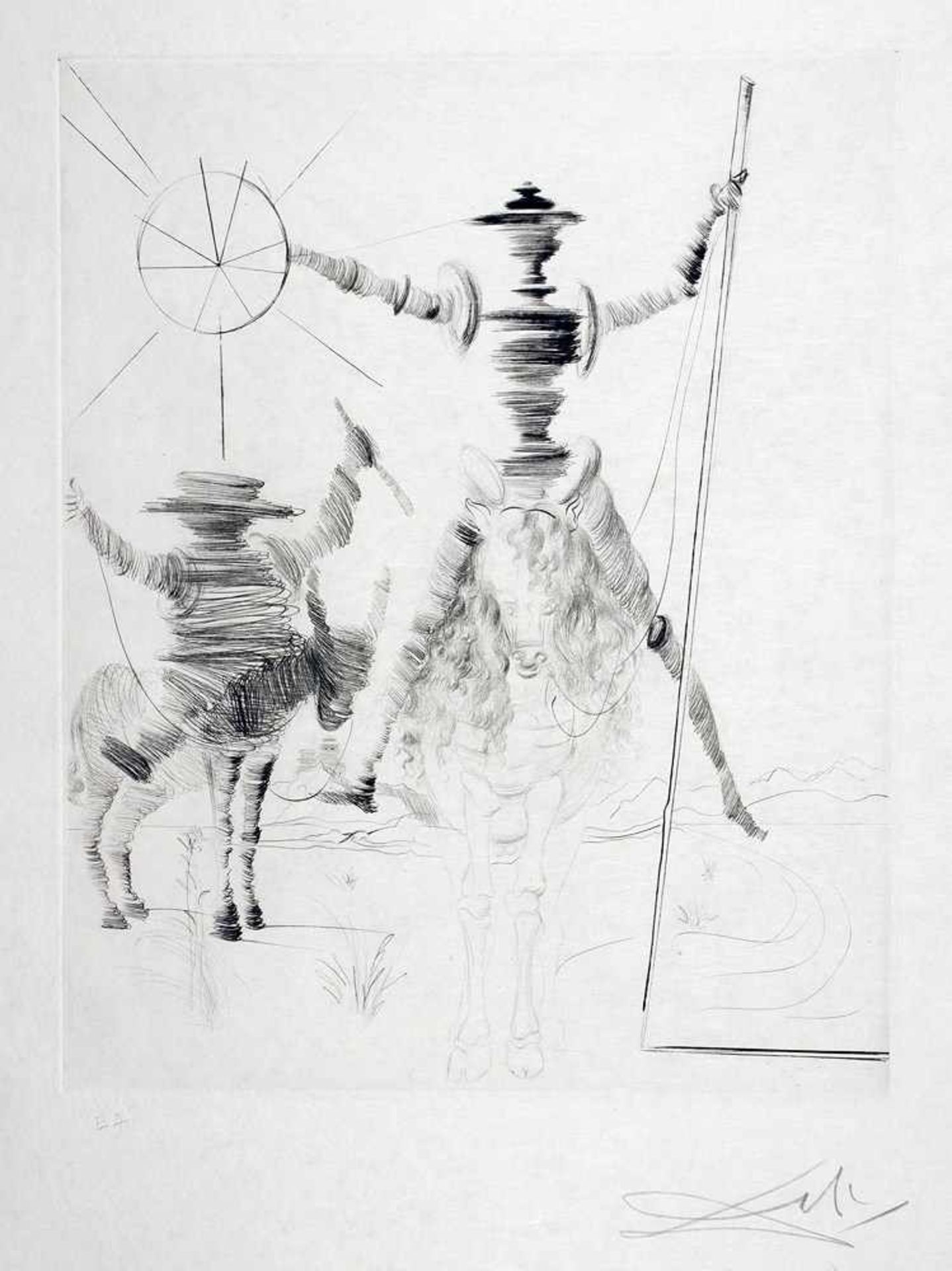 Salvador Dali. Don Quichotte et Sancho Pança. Kaltnadelradierung. 1968. 49,8 : 39,8 cm (76 : 56 cm).