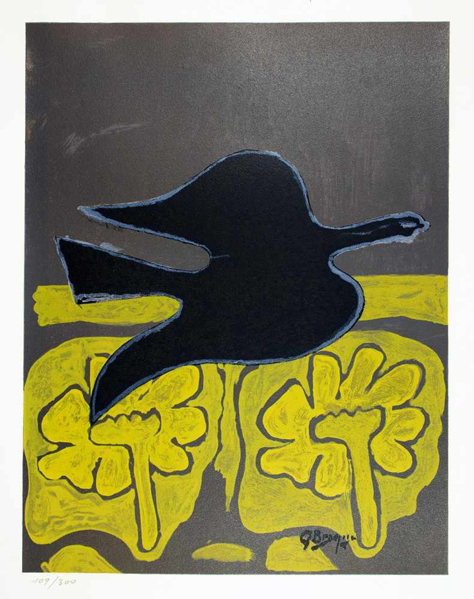 Georges Braque. Oiseaux noir, fleurs jaune. Farblithographie. 1963. 42,7 : 32,0 cm (66,7 : 49,5 cm).