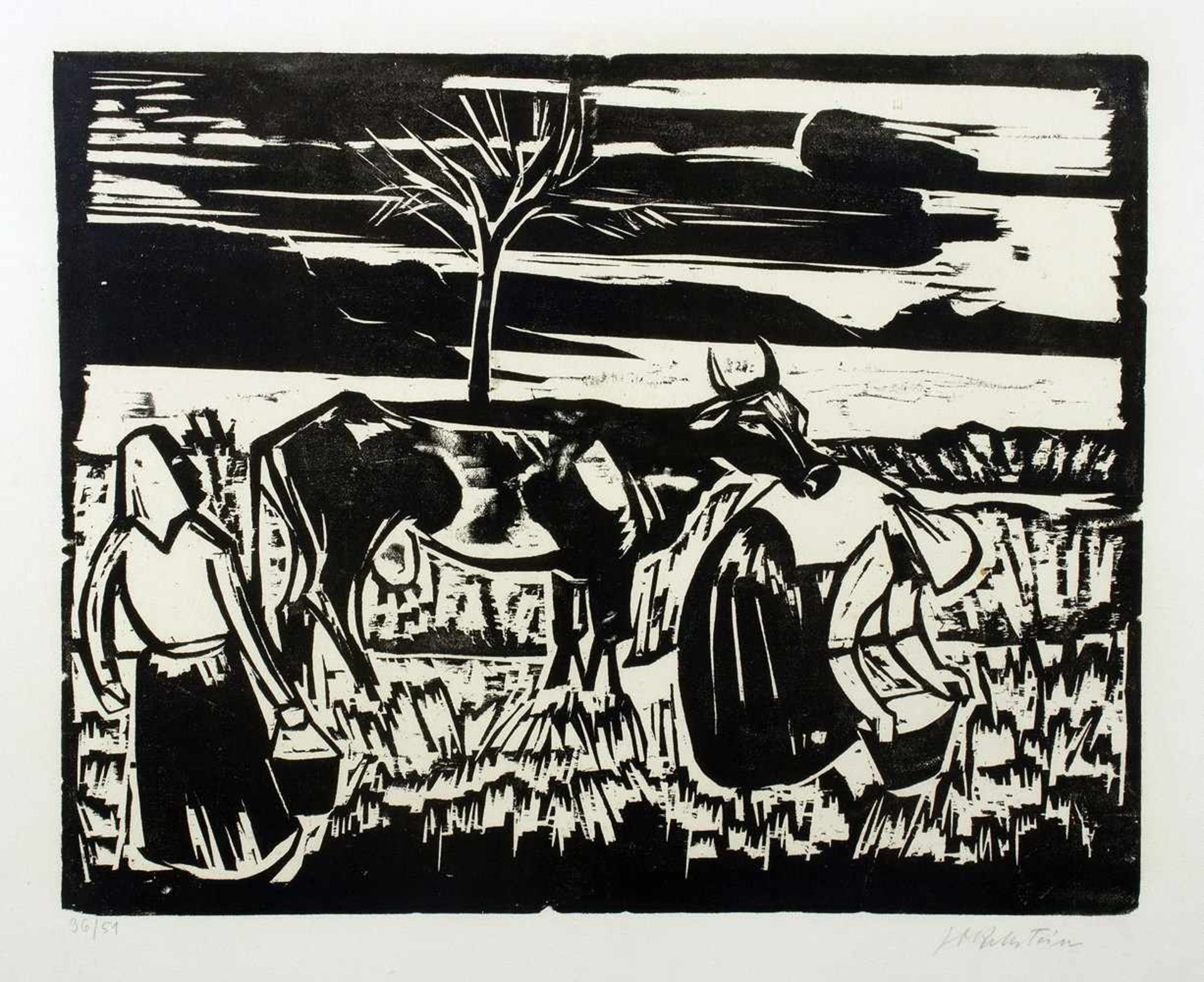 Max Pechstein. Kuh mit Frauen. Holzschnitt. 1923. 31,5 : 40,0 cm (ca. 50 : 60 cm). Signiert und