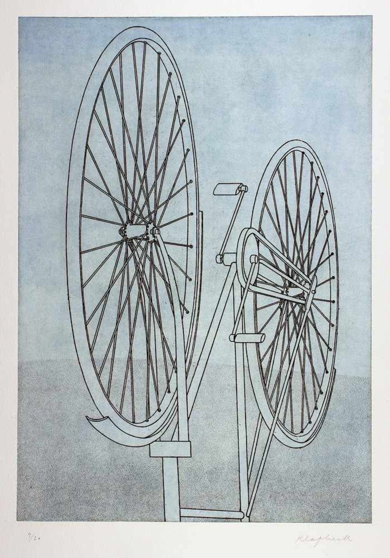 Konrad Klapheck. Fahrrad I. Farbige Radierung. 1979/80. 46,8 : 32,8 cm (79 : 56 cm). Signiert und