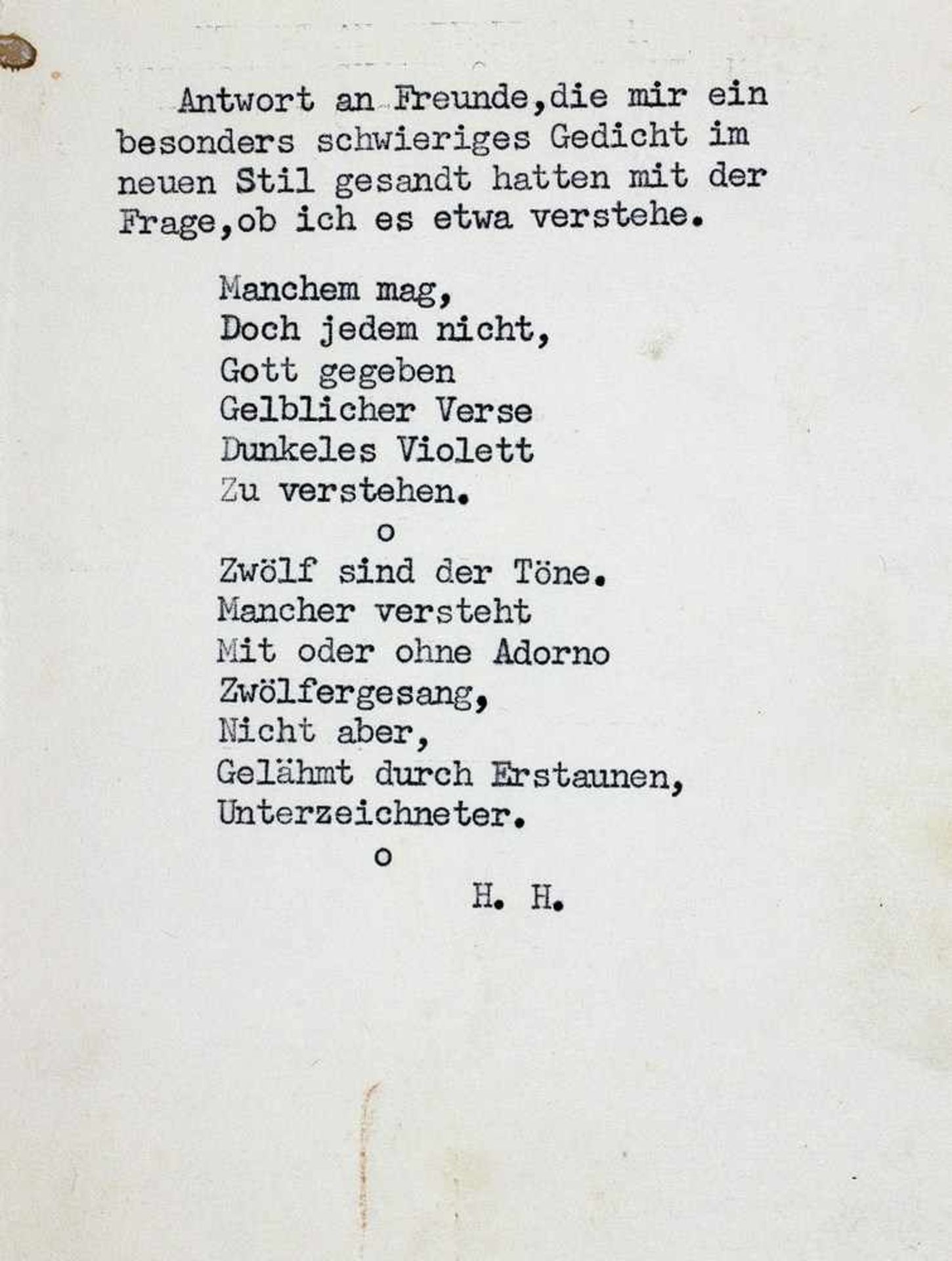 Hermann Hesse. Gedichttyposkript mit Aquarell. Doppelblatt, 14,3 : 10,5 cm.