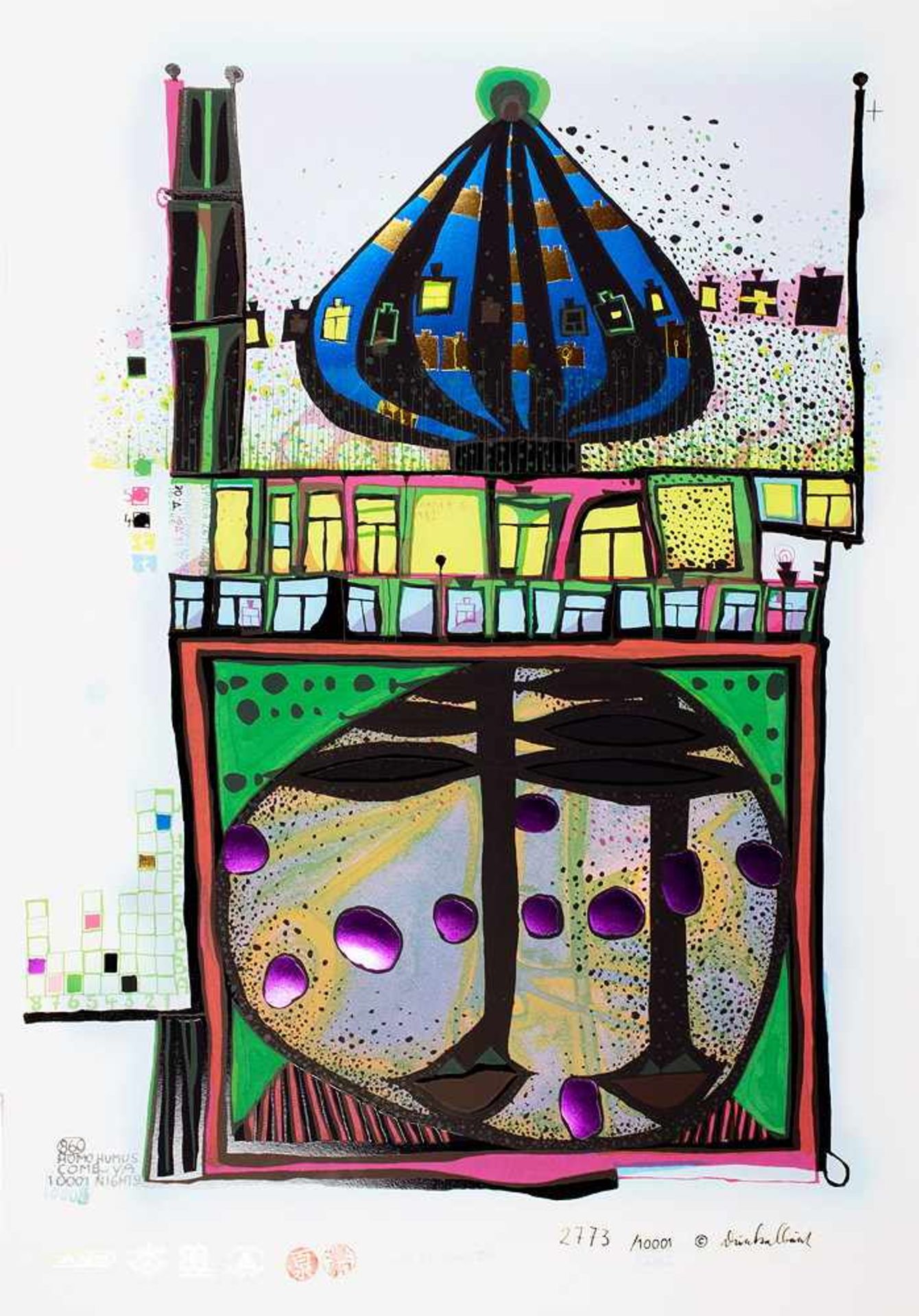 Friedensreich Hundertwasser. 10002 Nights Homo humus come va how do you do. Mixed media (