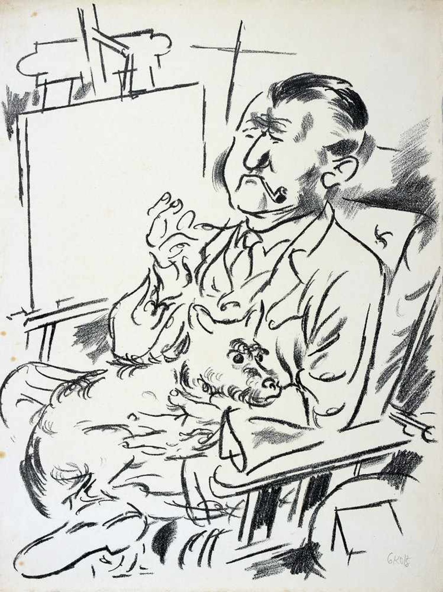 George Grosz. Selbstbildnis mit Hund vor der Staffelei. Lithographie. 1926. 41 : 31 cm. Signiert.