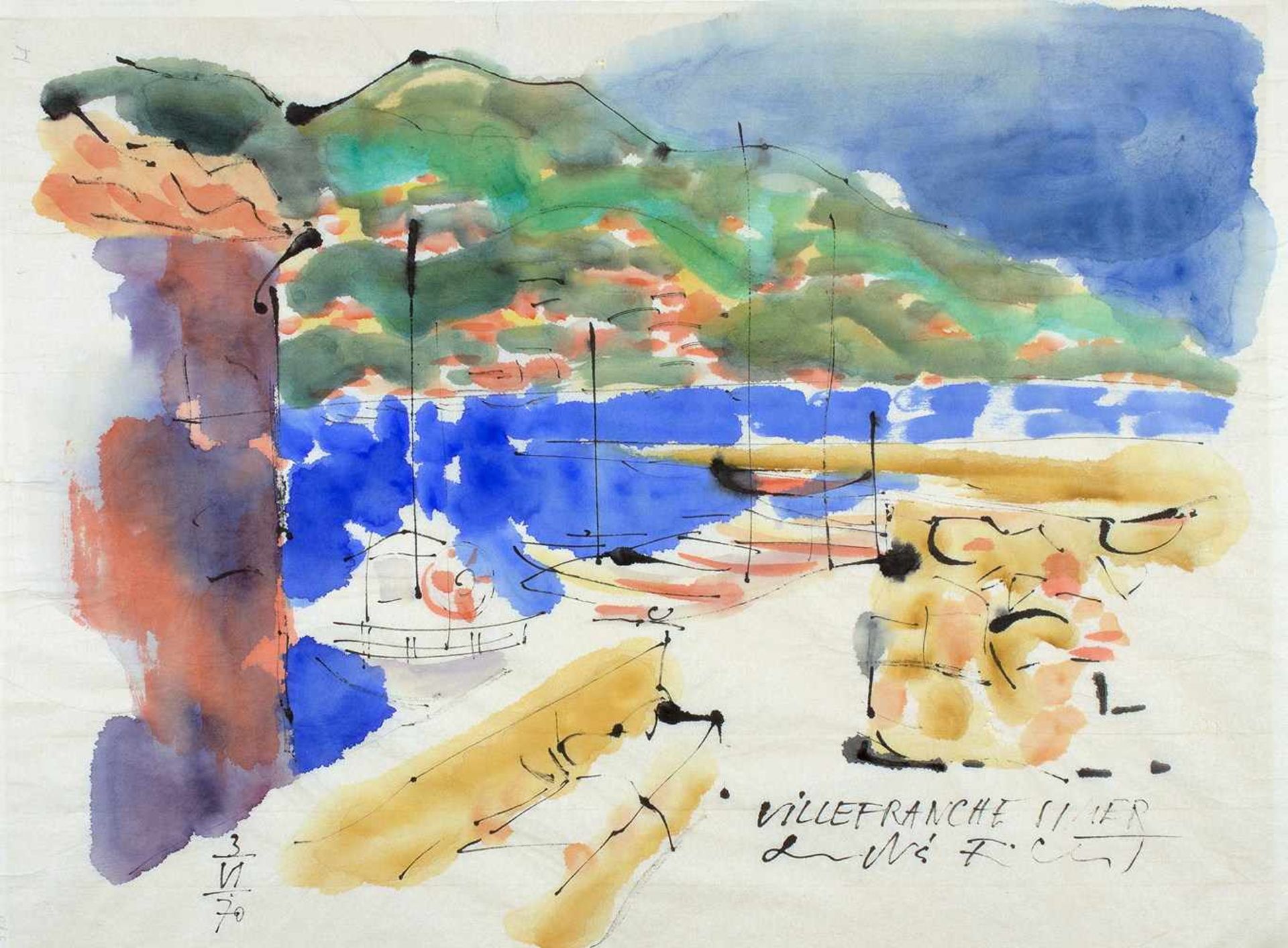 André Ficus. Villefranche-sur-Mer. Aquarell und Tusche. 1970. 46 : 63 cm. Signiert, datiert und