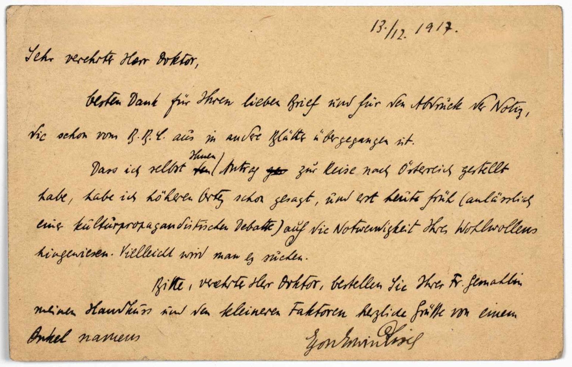 Egon Erwin Kisch. Eigenhändige Briefkarte mit Unterschrift. Wien, 13. XII. 1917. Eine Seite,