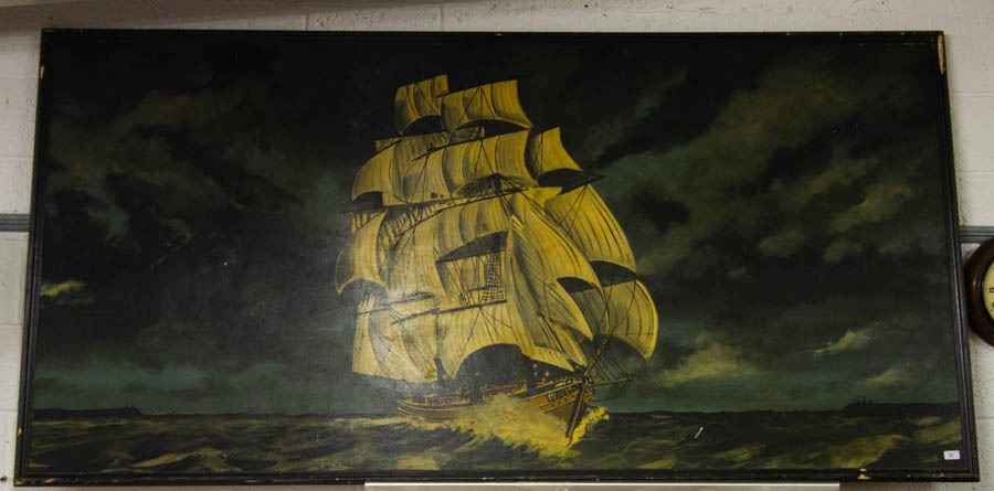 OIL ON BOARD OF TALL SHIP IN TRAMORE BAY 8' X 4'