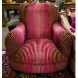 PINK STRIPE ROLL BACK UPHOLSTERED ARM CHAIR