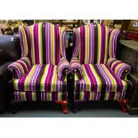 PAIR OF STRIPED WING BACK CHAIRS