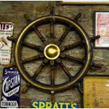 QUALITY LARGE HARDWOOD SHIPS WHEEL WITH BRASS CENTRE AND MOUNTING PLATE 5'6" DIAMETER