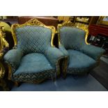 PAIR OF ORNATE GILT GREEN ARM CHAIRS