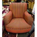 RED STRIPE ROLL BACK UPHOLSTERED ARM CHAIR