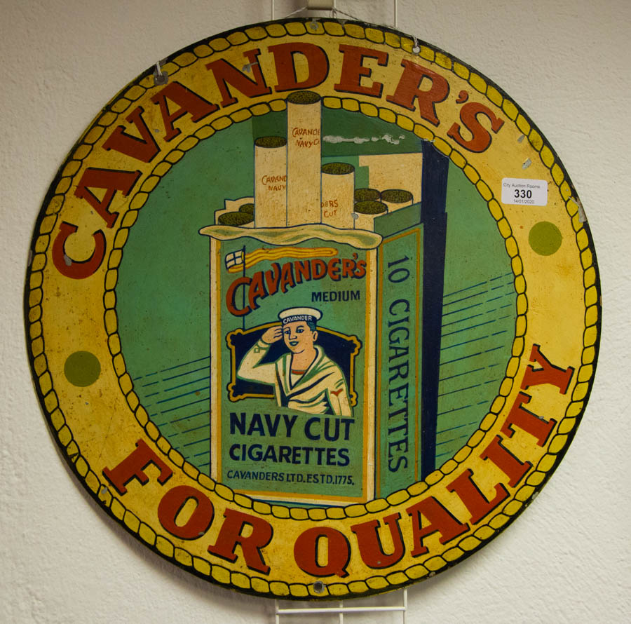 CAVENDERS HAND PAINTED METAL ROUND SIGN SIGN
