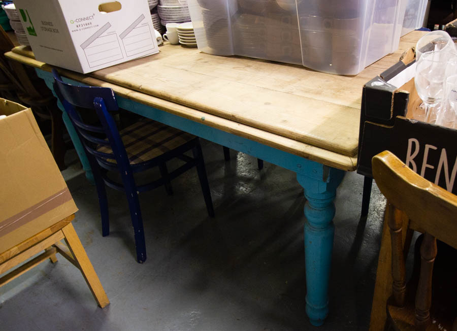 PITCH PINE TABLE WITH PAINTED LEGS 44" X 74"