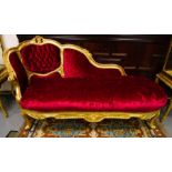 ORNATE GILT BUTTONED BACK RED CHAISE LONGUE