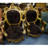 PAIR OF VERY ORNATE GILT VELVET SEAT ARM CHAIRS