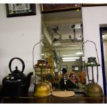 LARGE CAST IRON KETTLE + 2 OLD LANTERNS + BEVELLED GLASS