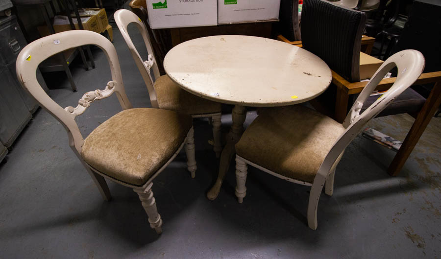 3 PAINTED SPOON BACK CHAIRS + ROUND TABLE