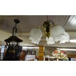 5 BRANCH BRASS LIGHT FITTING + COPPER CENTRE LIGHT