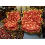 PAIR OF ORNATE GILT FRAME BUTTON BACK ARM CHAIRS WITH DOWN CUSHIONS