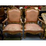 PAIR OF ORNATE GILDED PINK ELBOW CHAIRS AF