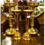 PAIR OF BRASS TWIST COLUMN CANDLESTICKS + 2 VASES