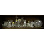 2 CUT GLASS DECANTERS + MISC GLASS