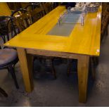 LARGE RECTANGULAR BEECH KITCHEN TABLE WITH GLASS CENTRE PANEL