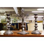 CRUCIFIX + PAIR OF ORNATE CANDLESTICKS