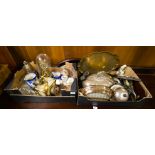 BOX OF SILVER PLATE + BOX OF DECANTERS,