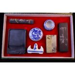 CHINESE DESK SET + JADE FIGURES