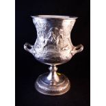 HEAVY CHASED SILVER 2 HANDLED TROPHY CUP EMBOSSED WITH HUNTING DETAIL - 10" HIGH ,